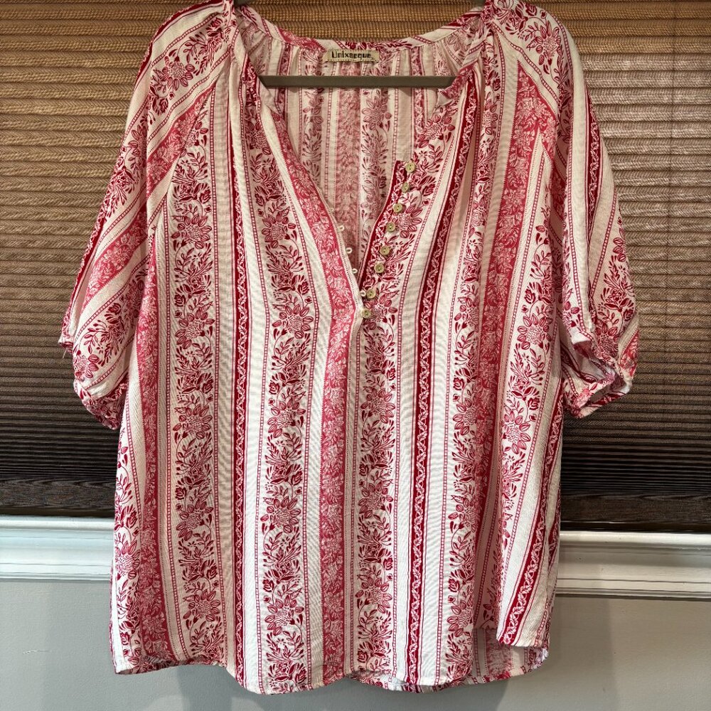Women Short Sleeve Casual Button Down Shirts Floral Boho Red/Cream SZ: XL